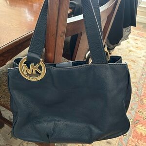 Michael Kors Navy Leather Shoulder Bag with Gold Accents
